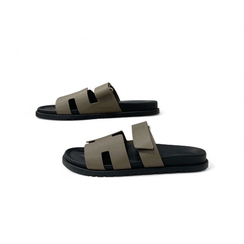 Hermes Chypre Sandals Shoes Leather Greige Velcro Strap Flat