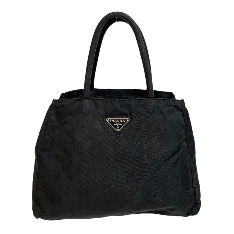 Prada Triangle Logo Plate Tote Bag Black Ladies