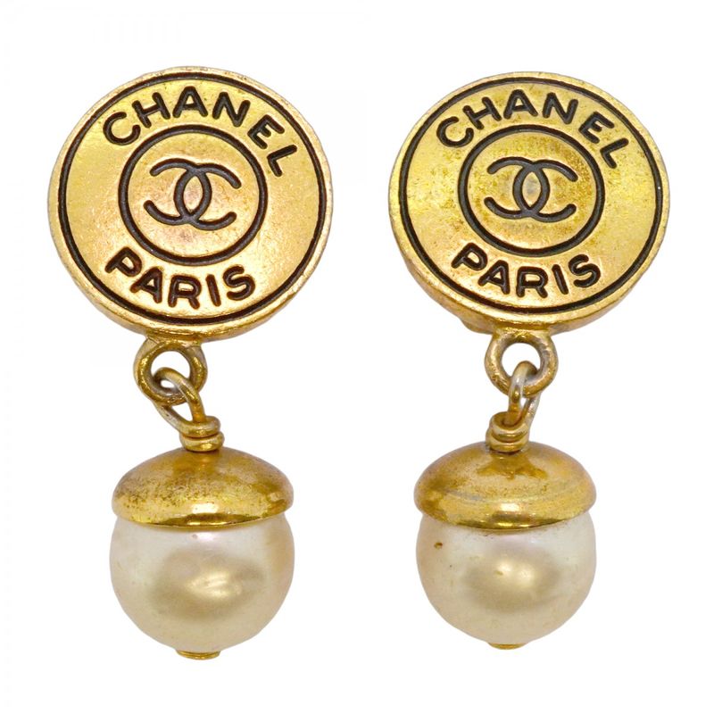 Chanel Earrings Vintage Coco Mark Chanel Logo Round Shape Circle GP Plated Faux