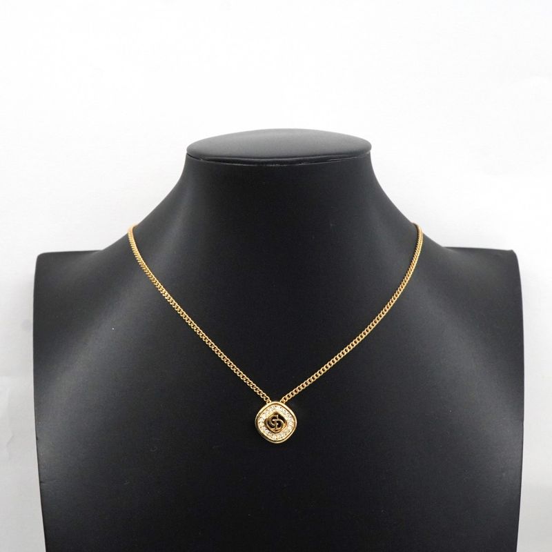 Christian Dior Necklace CD Logo GP Plated Rhinestone Gold Ladies