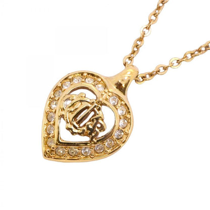 Christian Dior Necklace Emblem Heart Motif GP Plated Rhinestone Gold Ladies
