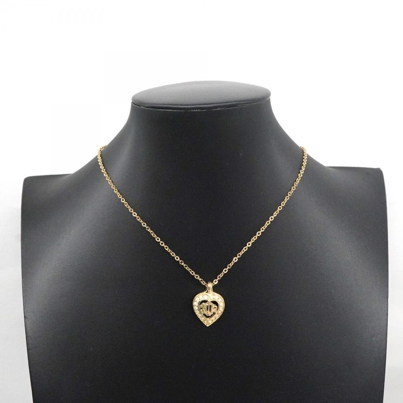 Christian Dior Necklace Emblem Heart Motif GP Plated Rhinestone Gold Ladies