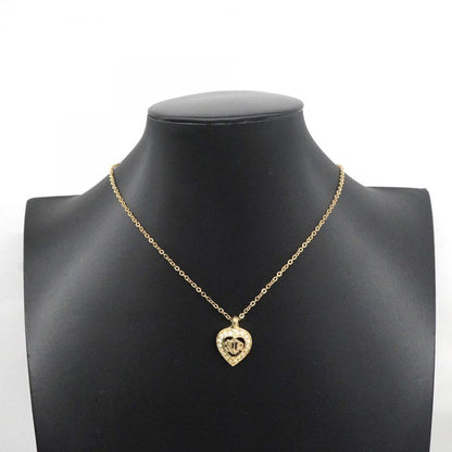 Christian Dior Necklace Emblem Heart Motif GP Plated Rhinestone Gold Ladies