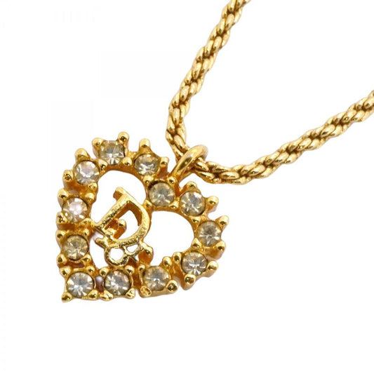 Christian Dior Necklace Dior Logo Heart Motif GP Plated Rhinestone Gold Ladies