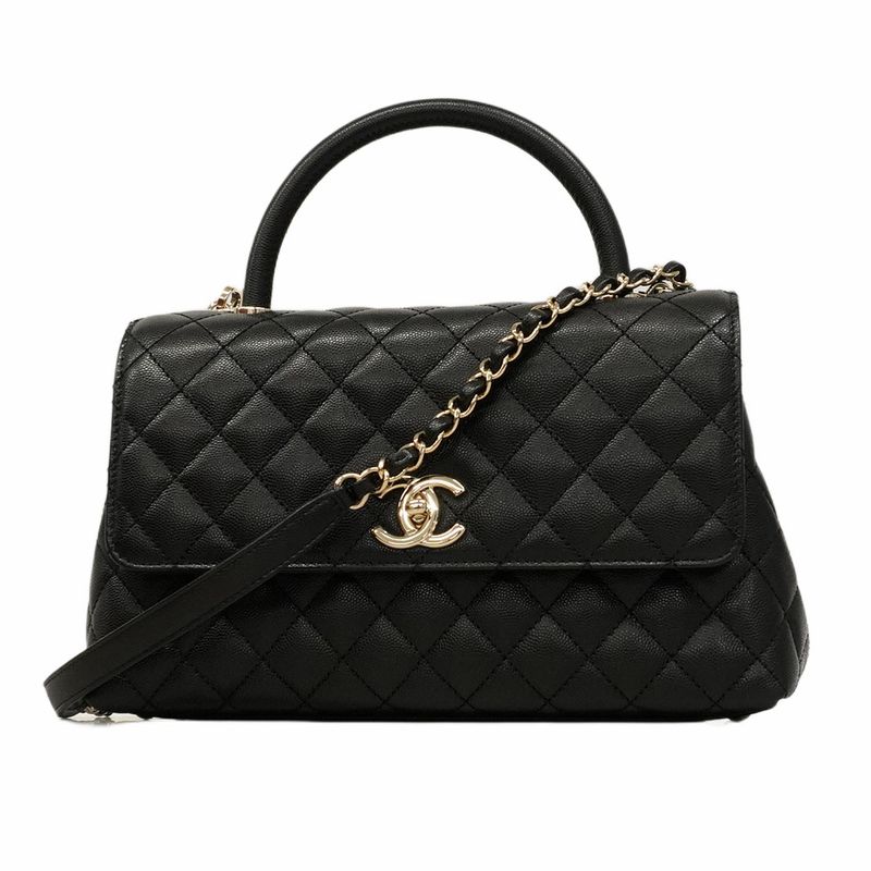 Chanel Handbag Matelasse Coco Handle Caviar Skin Black Gold Hardware 2way Bag