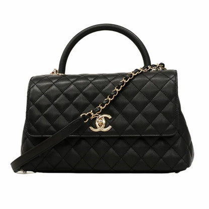 Chanel Handbag Matelasse Coco Handle Caviar Skin Black Gold Hardware 2way Bag