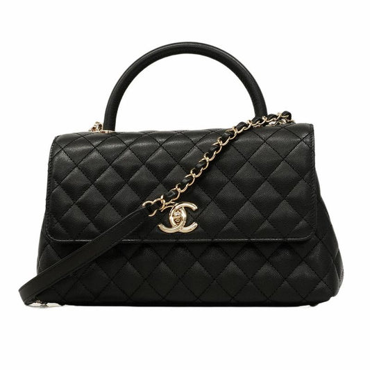 Chanel Handbag Matelasse Coco Handle Caviar Skin Black Gold Hardware 2way Bag