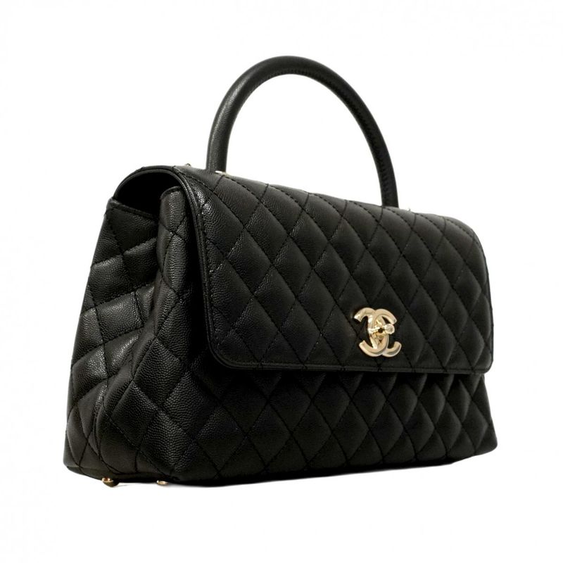 Chanel Handbag Matelasse Coco Handle Caviar Skin Black Gold Hardware 2way Bag