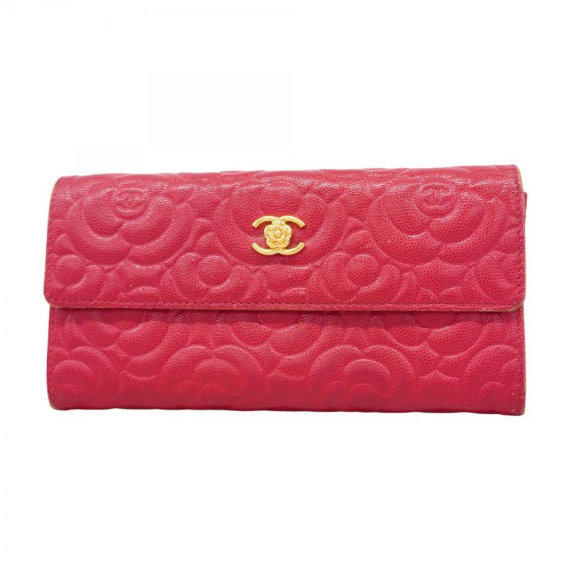 Chanel Long Wallet Camellia Caviar Skin Pink Gold Hardware Women