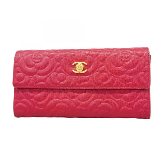 Chanel Long Wallet Camellia Caviar Skin Pink Gold Hardware Women
