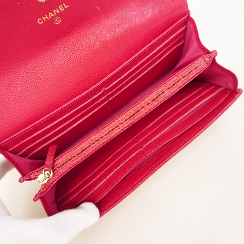 Chanel Long Wallet Camellia Caviar Skin Pink Gold Hardware Women