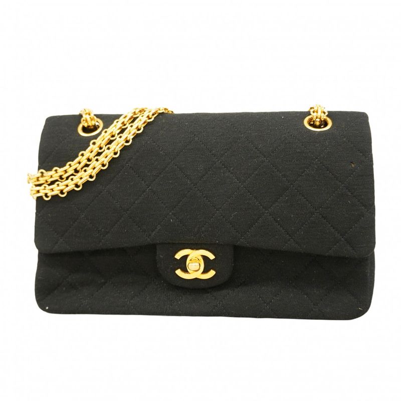 Chanel Shoulder Bag Matelasse Canvas Black Gold Hardware Women