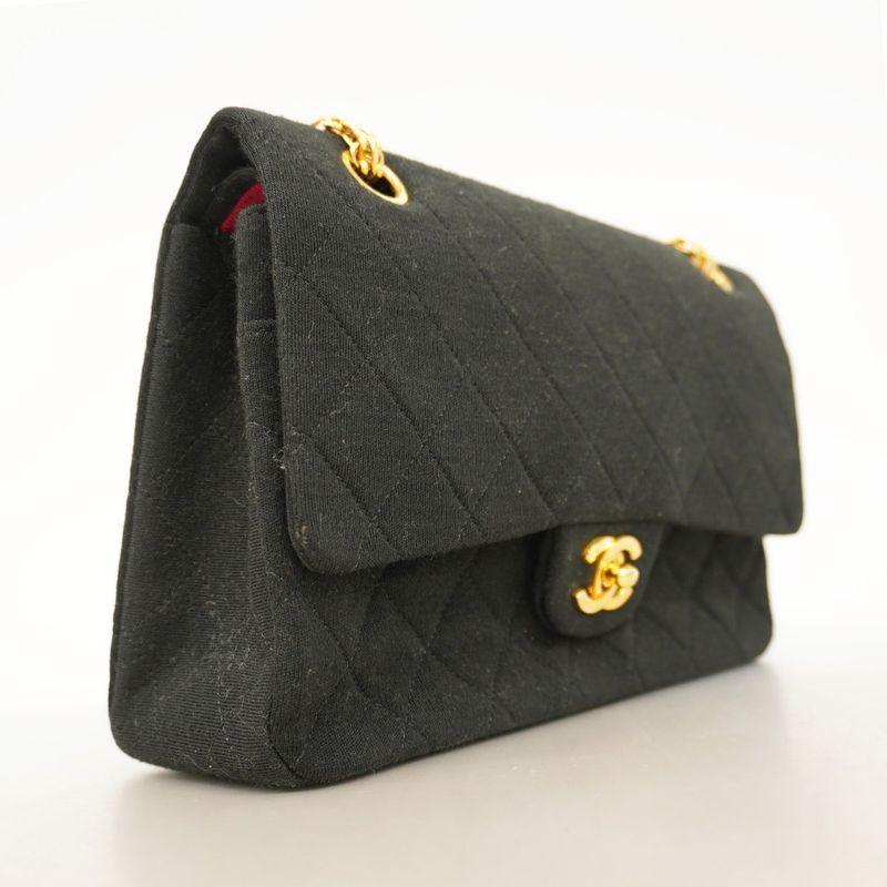 Chanel Shoulder Bag Matelasse Canvas Black Gold Hardware Women