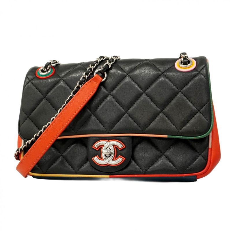Chanel Shoulder Bag Matelasse Lambskin Black Multicolor Silver Hardware Women