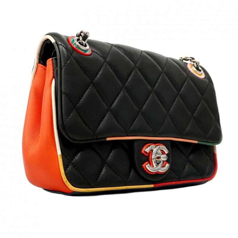 Chanel Shoulder Bag Matelasse Lambskin Black Multicolor Silver Hardware Women