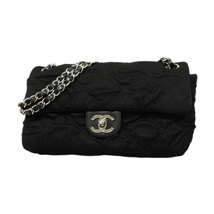 Chanel Shoulder Bag Matelasse Coated Nylon Black Silver Hardware Women