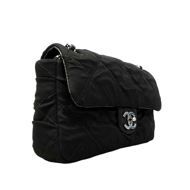 Chanel Shoulder Bag Matelasse Coated Nylon Black Silver Hardware Women