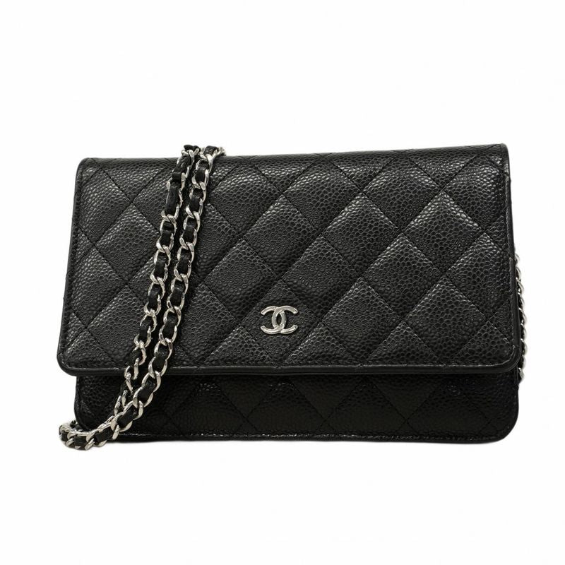 Chanel Shoulder Wallet Matelasse Caviar Skin Black Silver Hardware Women