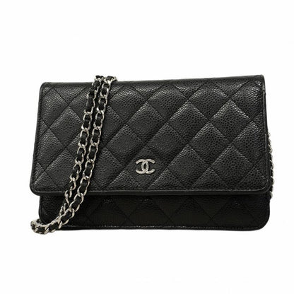 Chanel Shoulder Wallet Matelasse Caviar Skin Black Silver Hardware Women