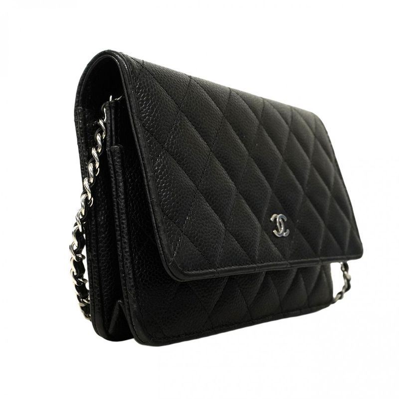 Chanel Shoulder Wallet Matelasse Caviar Skin Black Silver Hardware Women