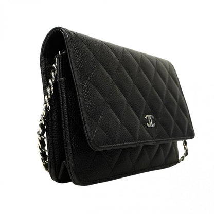 Chanel Shoulder Wallet Matelasse Caviar Skin Black Silver Hardware Women