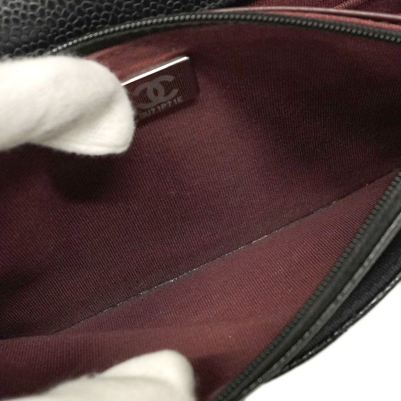 Chanel Shoulder Wallet Matelasse Caviar Skin Black Silver Hardware Women