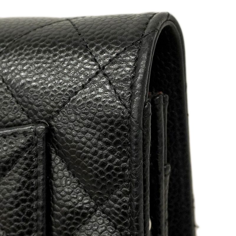 Chanel Shoulder Wallet Matelasse Caviar Skin Black Silver Hardware Women