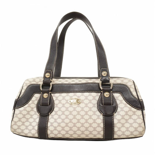Celine Handbag Macadam PVC White Dark Brown Chien Pan Gold Hardware Women's