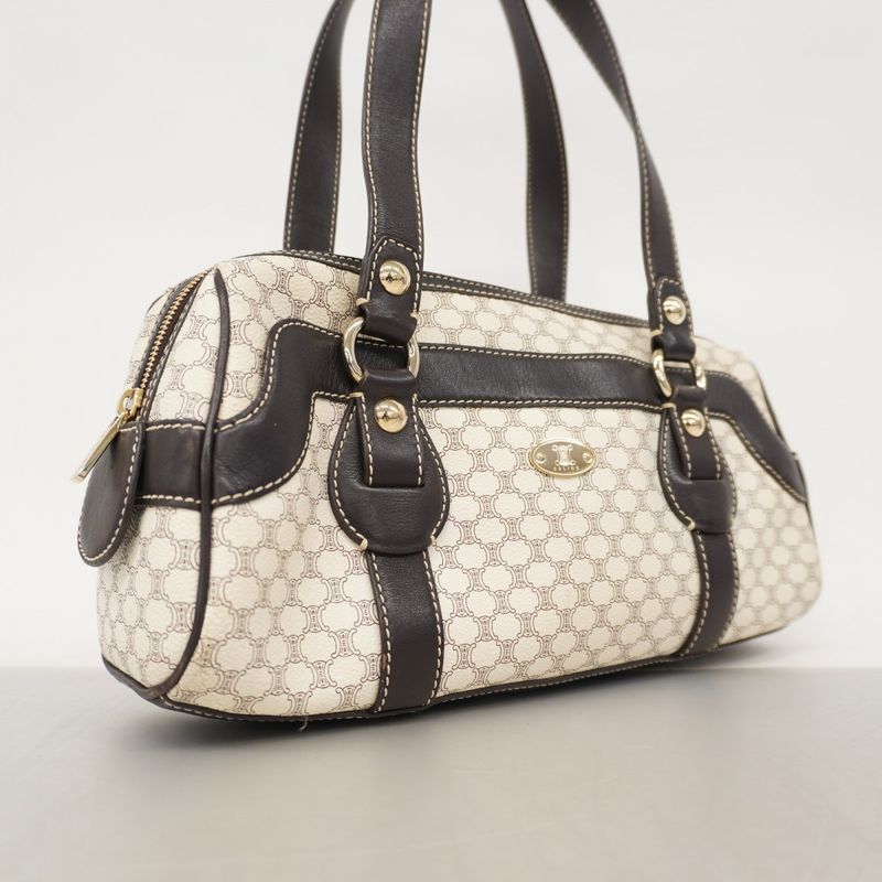 Celine Handbag Macadam PVC White Dark Brown Chien Pan Gold Hardware Women's