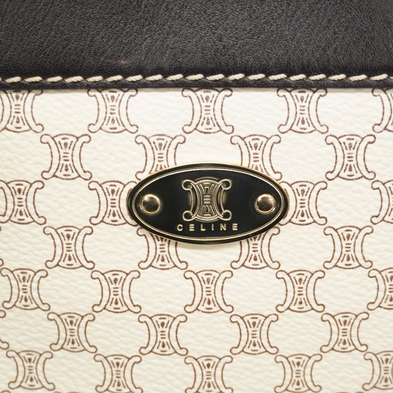 Celine Handbag Macadam PVC White Dark Brown Chien Pan Gold Hardware Women's