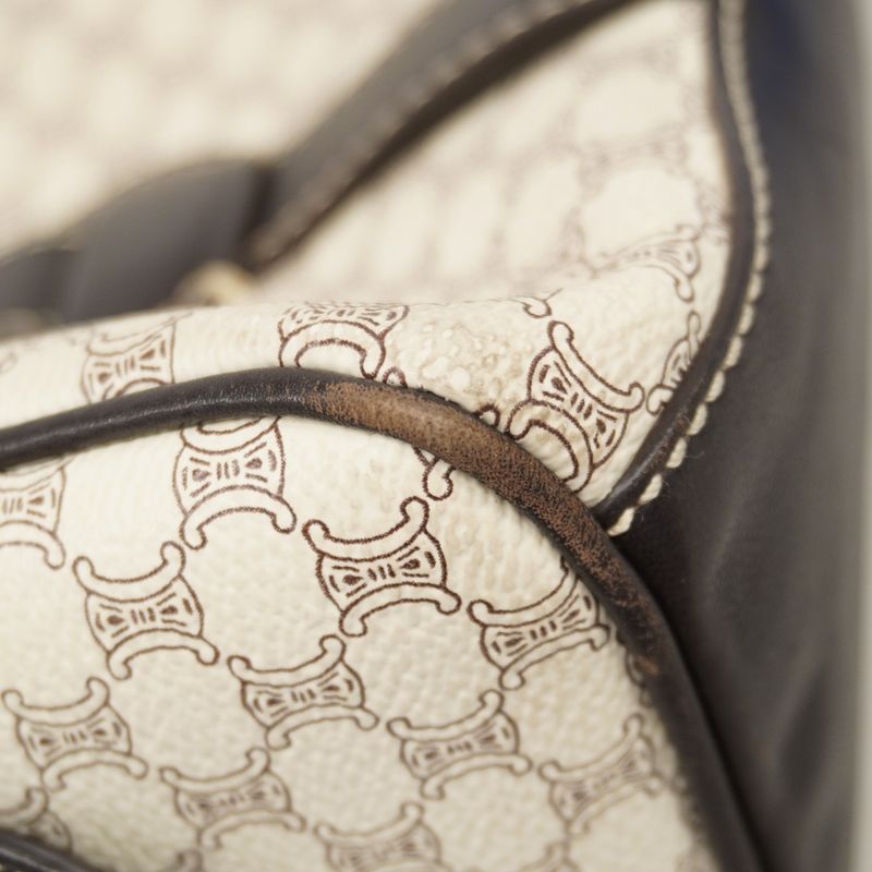 Celine Handbag Macadam PVC White Dark Brown Chien Pan Gold Hardware Women's