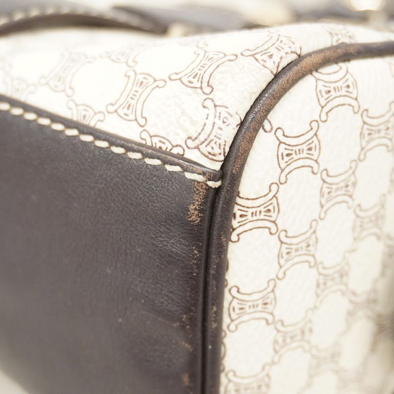 Celine Handbag Macadam PVC White Dark Brown Chien Pan Gold Hardware Women's