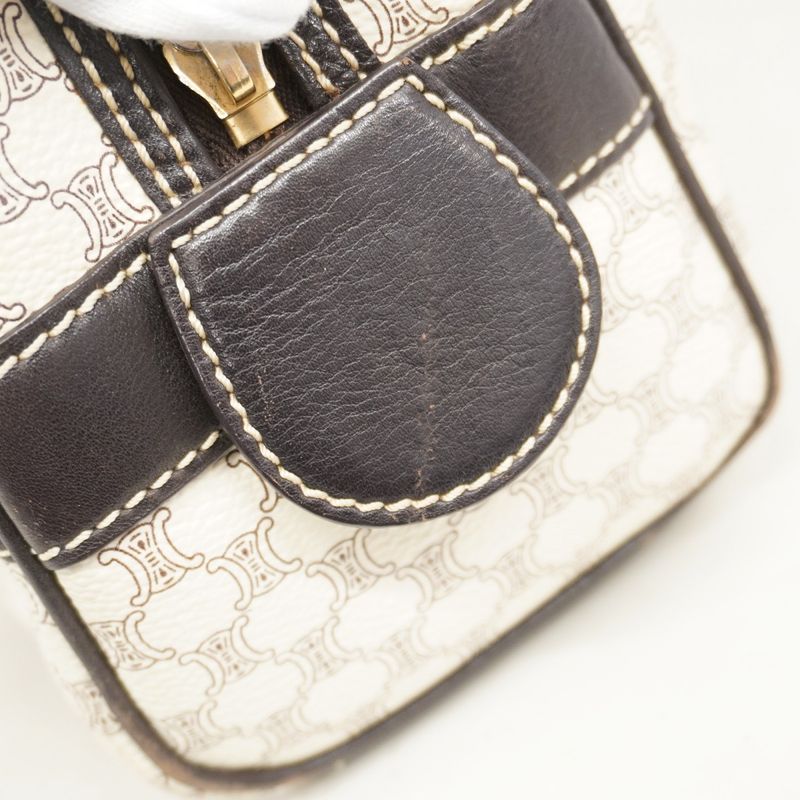 Celine Handbag Macadam PVC White Dark Brown Chien Pan Gold Hardware Women's