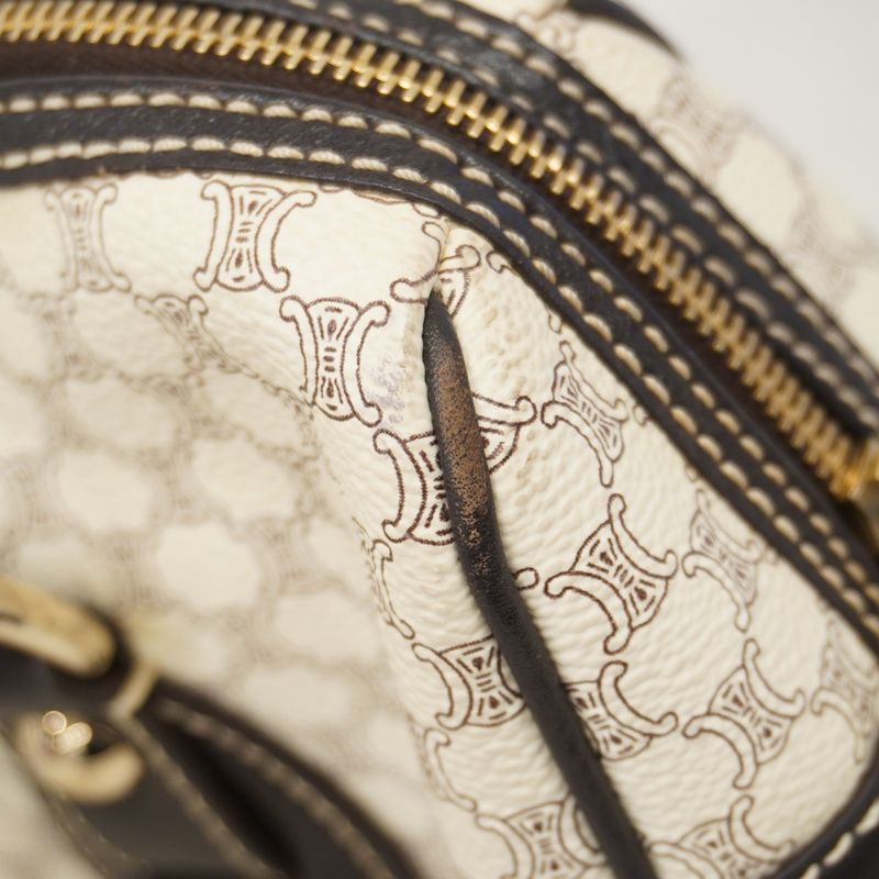 Celine Handbag Macadam PVC White Dark Brown Chien Pan Gold Hardware Women's