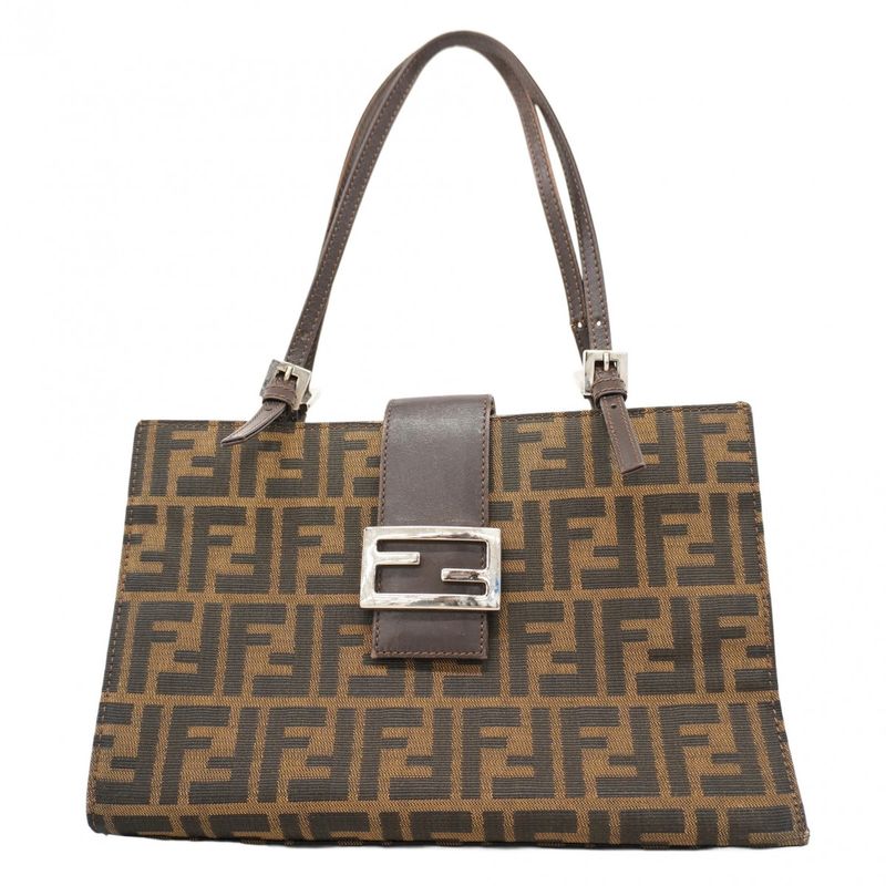 Fendi Handbag Zucca Nylon Canvas Brown Silver Hardware Women