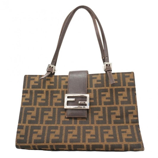 Fendi Handbag Zucca Nylon Canvas Brown Silver Hardware Women