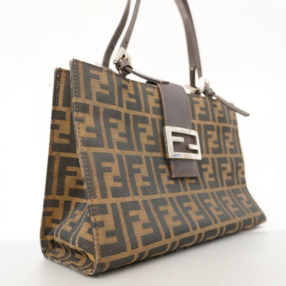 Fendi Handbag Zucca Nylon Canvas Brown Silver Hardware Women