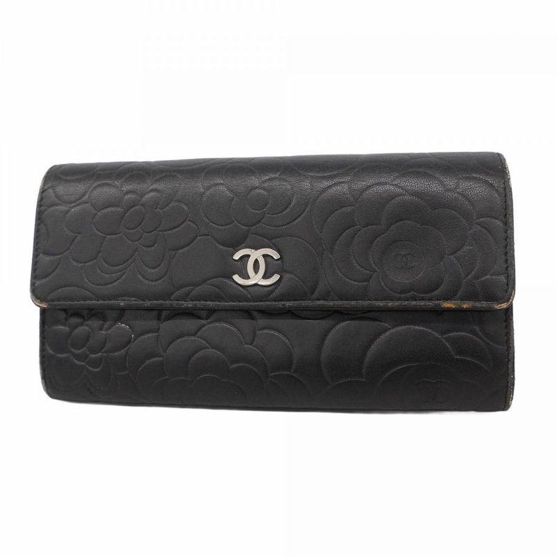 Chanel Long Wallet Camellia Lambskin Black Silver Hardware Women