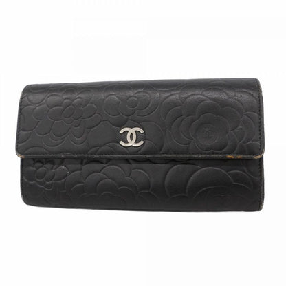 Chanel Long Wallet Camellia Lambskin Black Silver Hardware Women