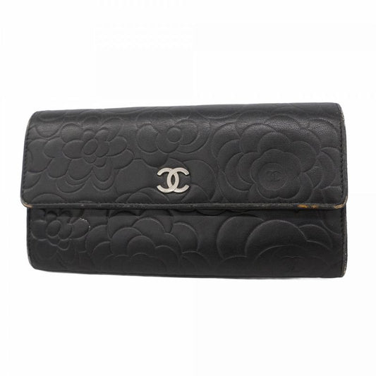 Chanel Long Wallet Camellia Lambskin Black Silver Hardware Women