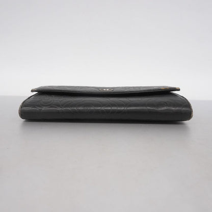 Chanel Long Wallet Camellia Lambskin Black Silver Hardware Women