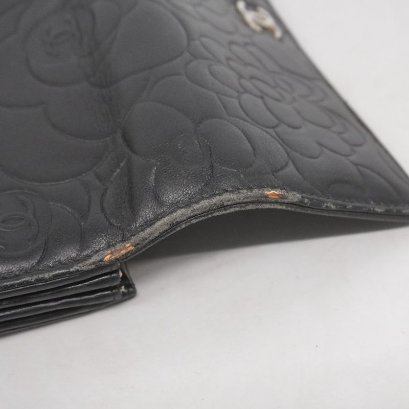 Chanel Long Wallet Camellia Lambskin Black Silver Hardware Women