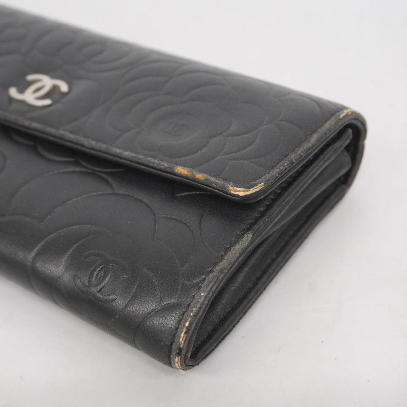 Chanel Long Wallet Camellia Lambskin Black Silver Hardware Women