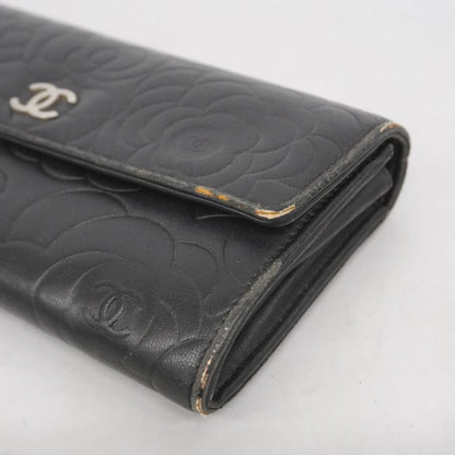 Chanel Long Wallet Camellia Lambskin Black Silver Hardware Women