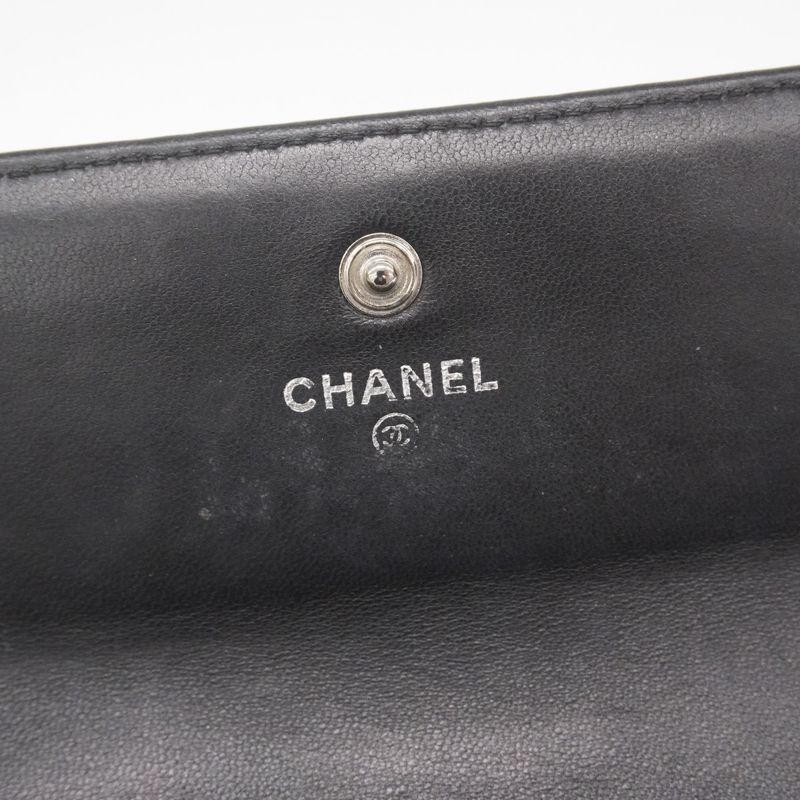 Chanel Long Wallet Camellia Lambskin Black Silver Hardware Women
