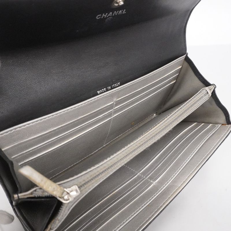 Chanel Long Wallet Camellia Lambskin Black Silver Hardware Women
