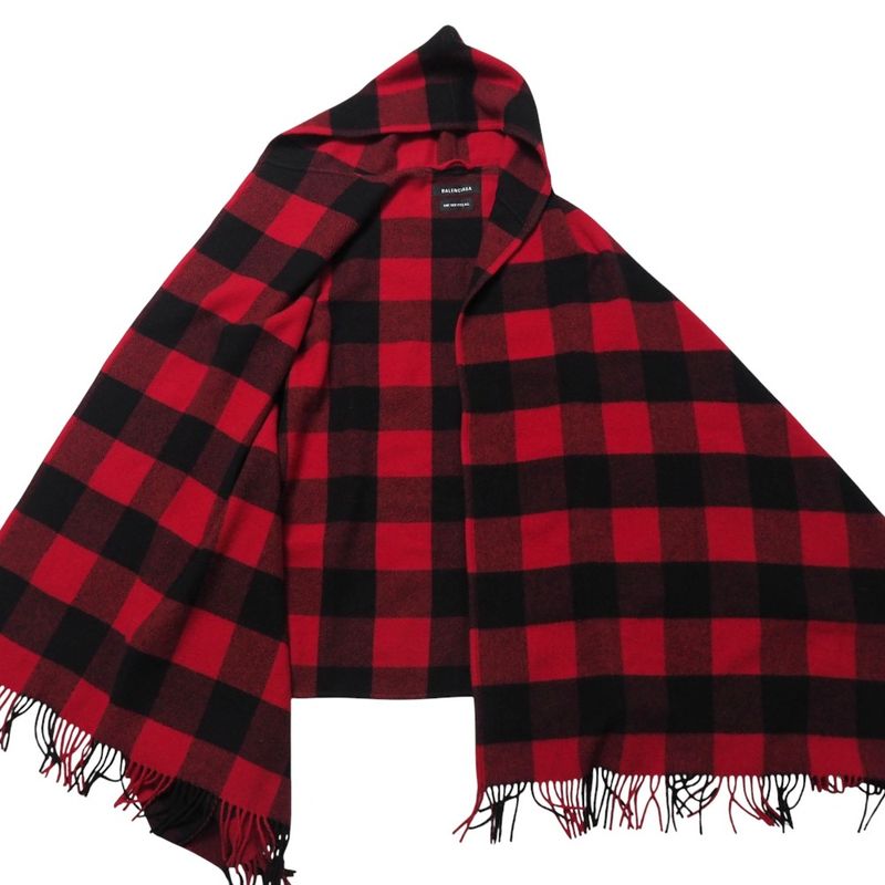 Balenciaga Coat Size L Check Hooded Fringe Cape Cloak Made In Italy