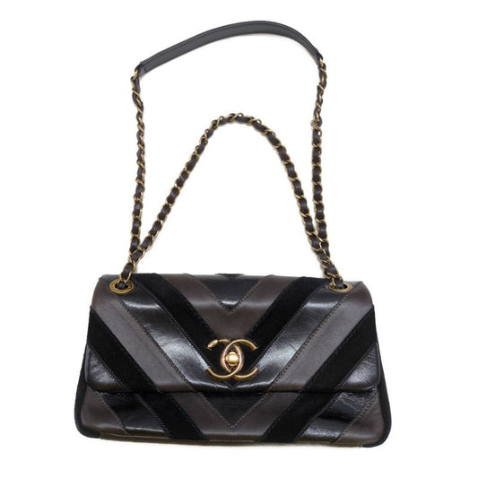 Chanel V-line Suede W-chain Shoulder Bag / Black / Next-day Delivery Possible