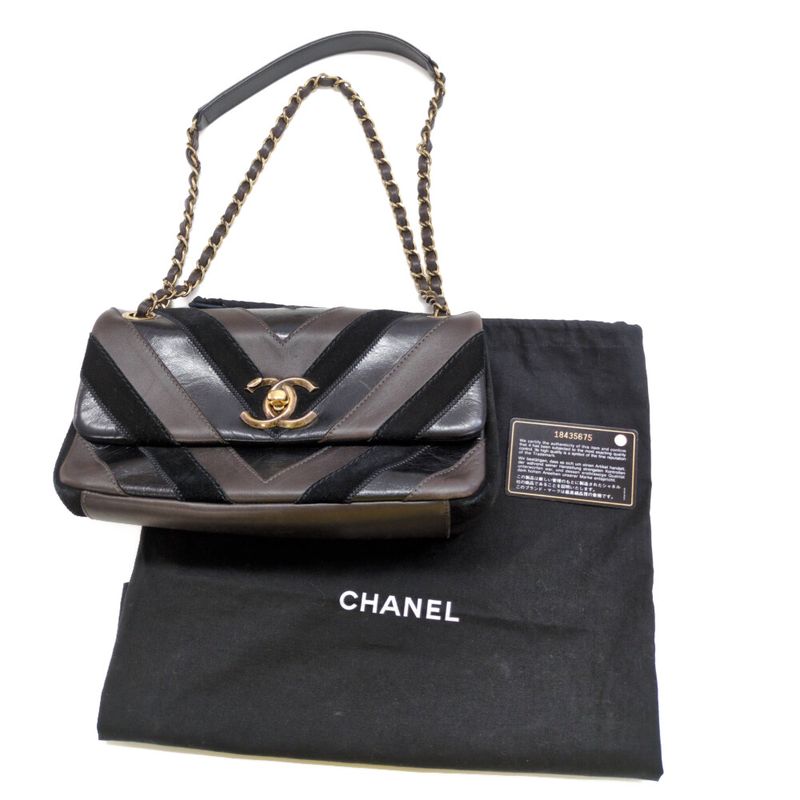 Chanel V-line Suede W-chain Shoulder Bag / Black / Next-day Delivery Possible