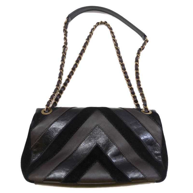 Chanel V-line Suede W-chain Shoulder Bag / Black / Next-day Delivery Possible